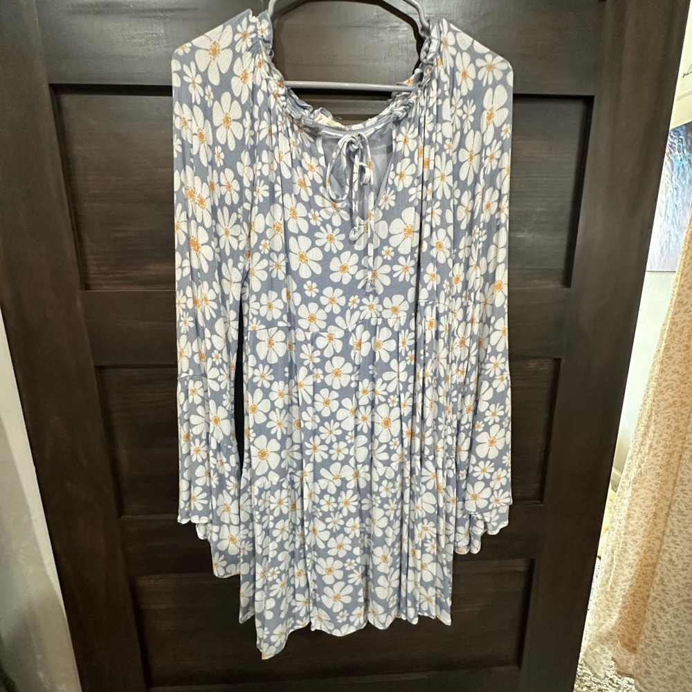 White and Blue Floral Bell Sleeve Knee-Length Sundress